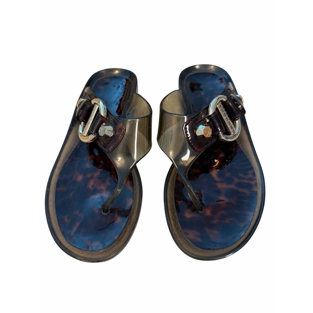 Stuart Weitzman Palma Jelly Thong Sandal Tortoiseshell Gold Ring Women 6 Beach